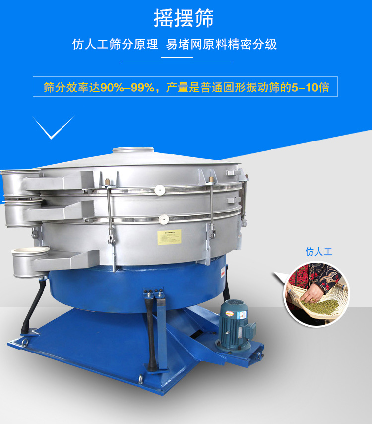 搖擺篩適合精細(xì)和超細(xì)范圍的粉末和微粒狀物料，產(chǎn)量大、精度高